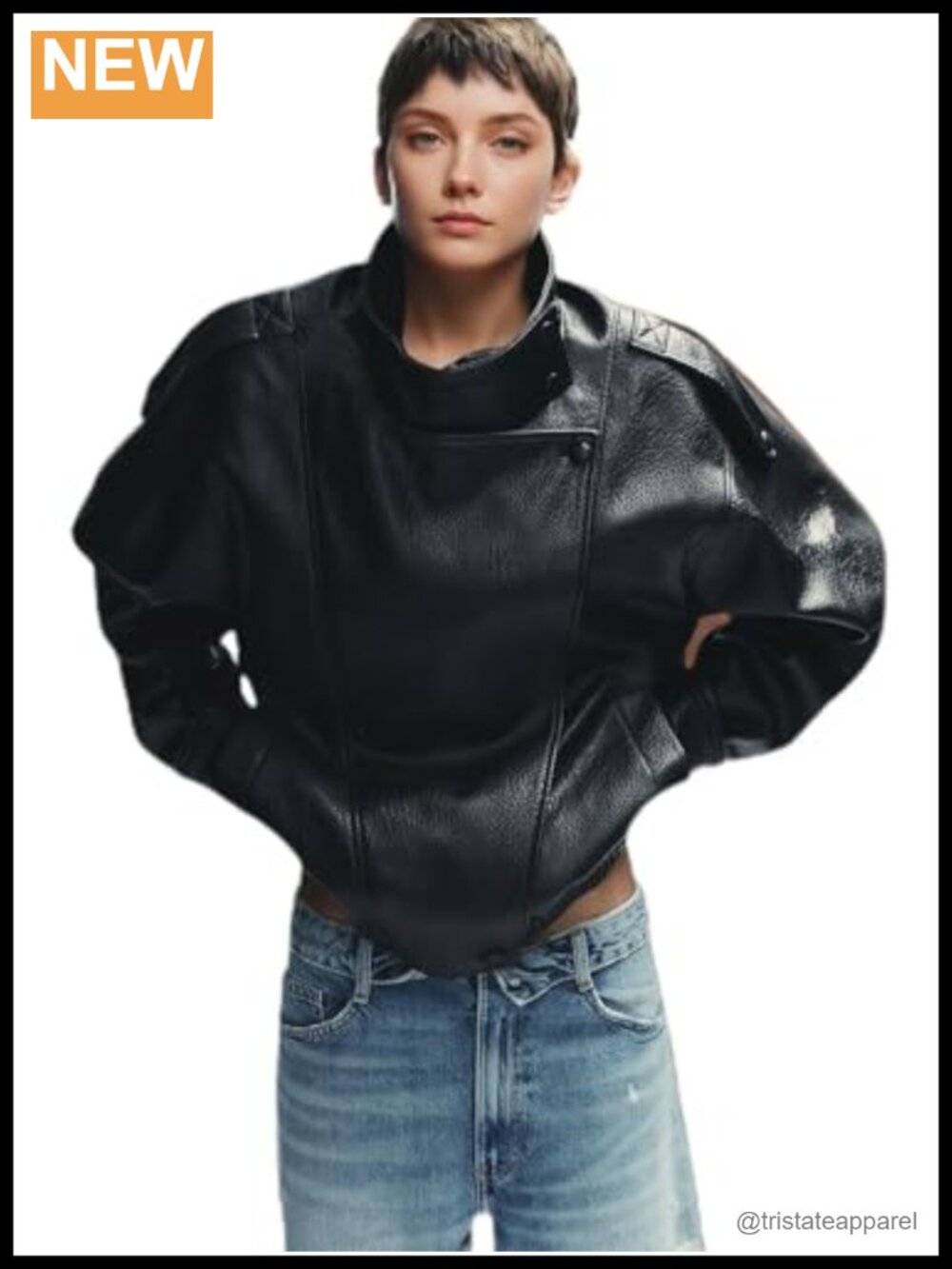 Black Motorcycle Biker Jacket Women Asymmetric Zipper Faux Leather Jacket